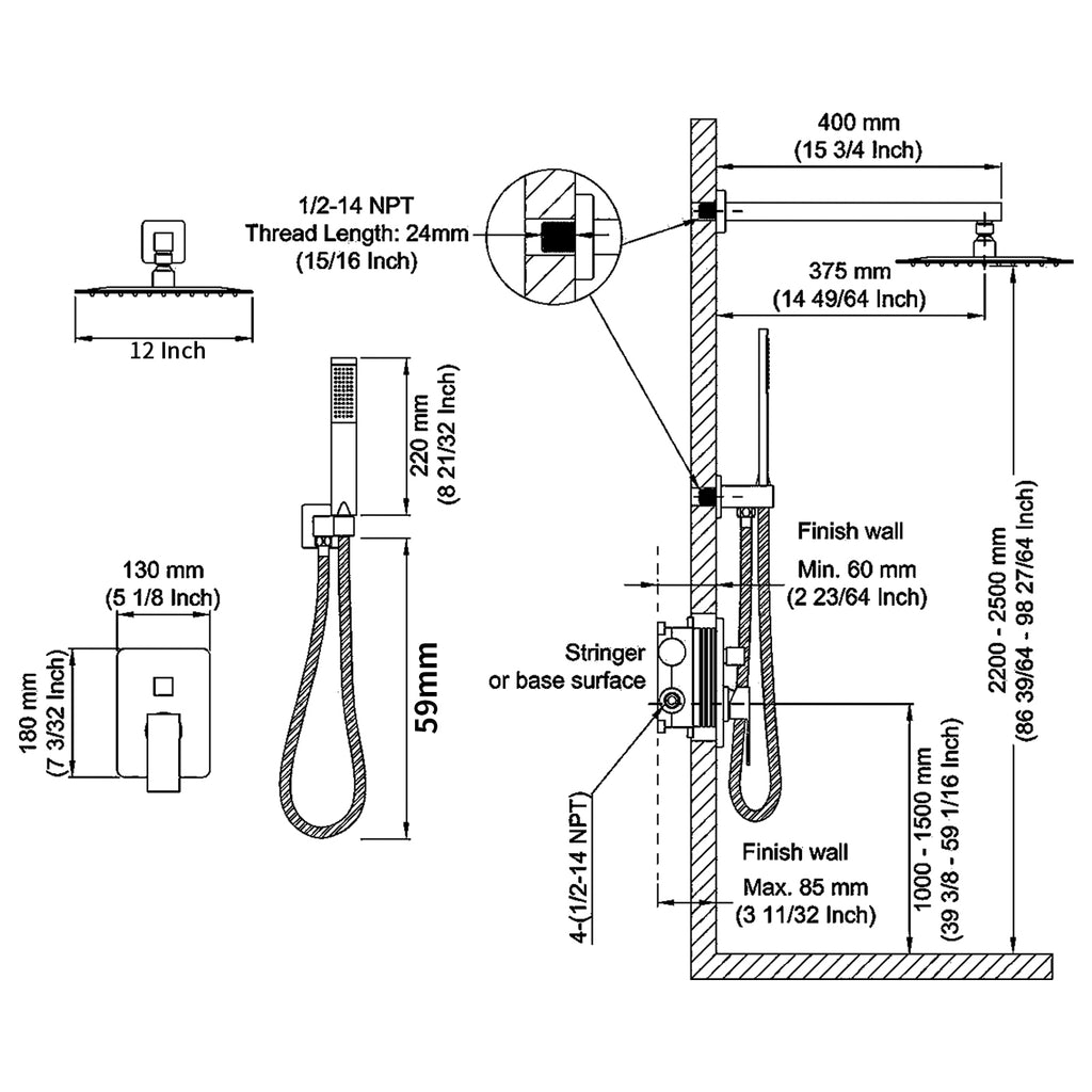 Shower System Shower Faucet Combo Set Wall Mounted with 12" Rainfall Shower Head and handheld shower faucet, Matte Black Finish with Brass Valve Rough-In[Unable ship on weekends,+usps/fedex]