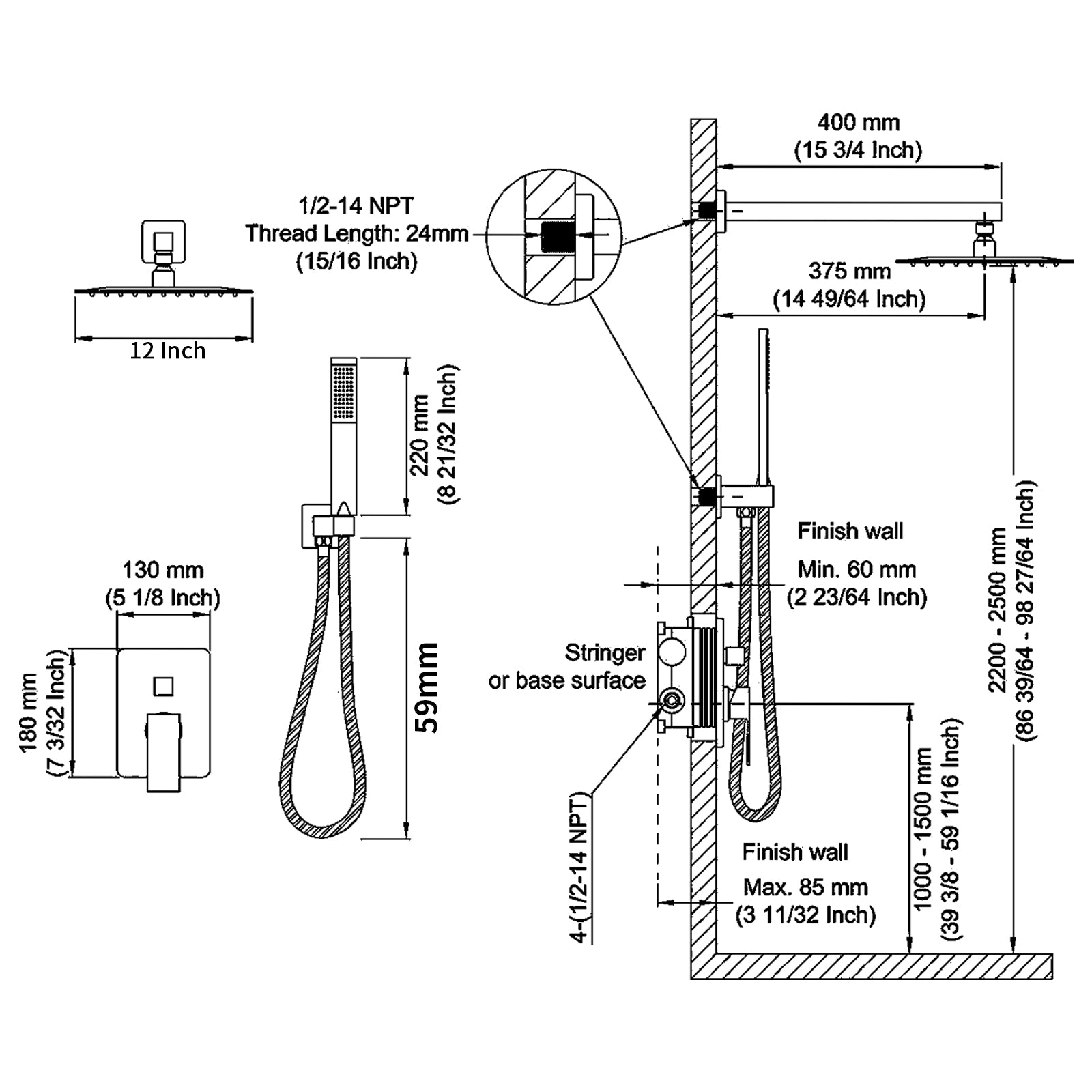 Shower System Shower Faucet Combo Set Wall Mounted with 12" Rainfall Shower Head and handheld shower faucet, Matte Black Finish with Brass Valve Rough-In[Unable ship on weekends,+usps/fedex]