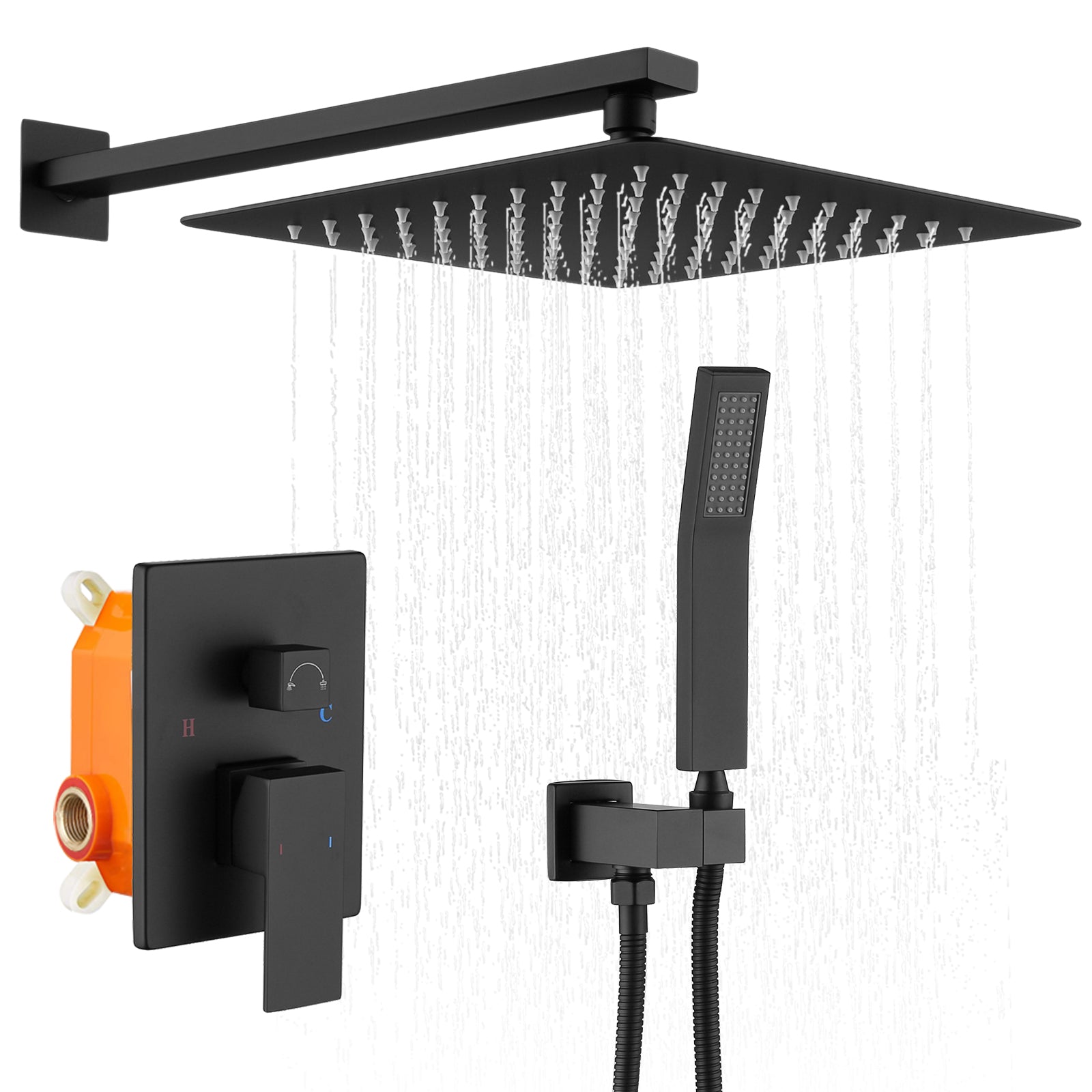 Shower System Shower Faucet Combo Set Wall Mounted with 12" Rainfall Shower Head and handheld shower faucet, Matte Black Finish with Brass Valve Rough-In[Unable ship on weekends,+usps/fedex]