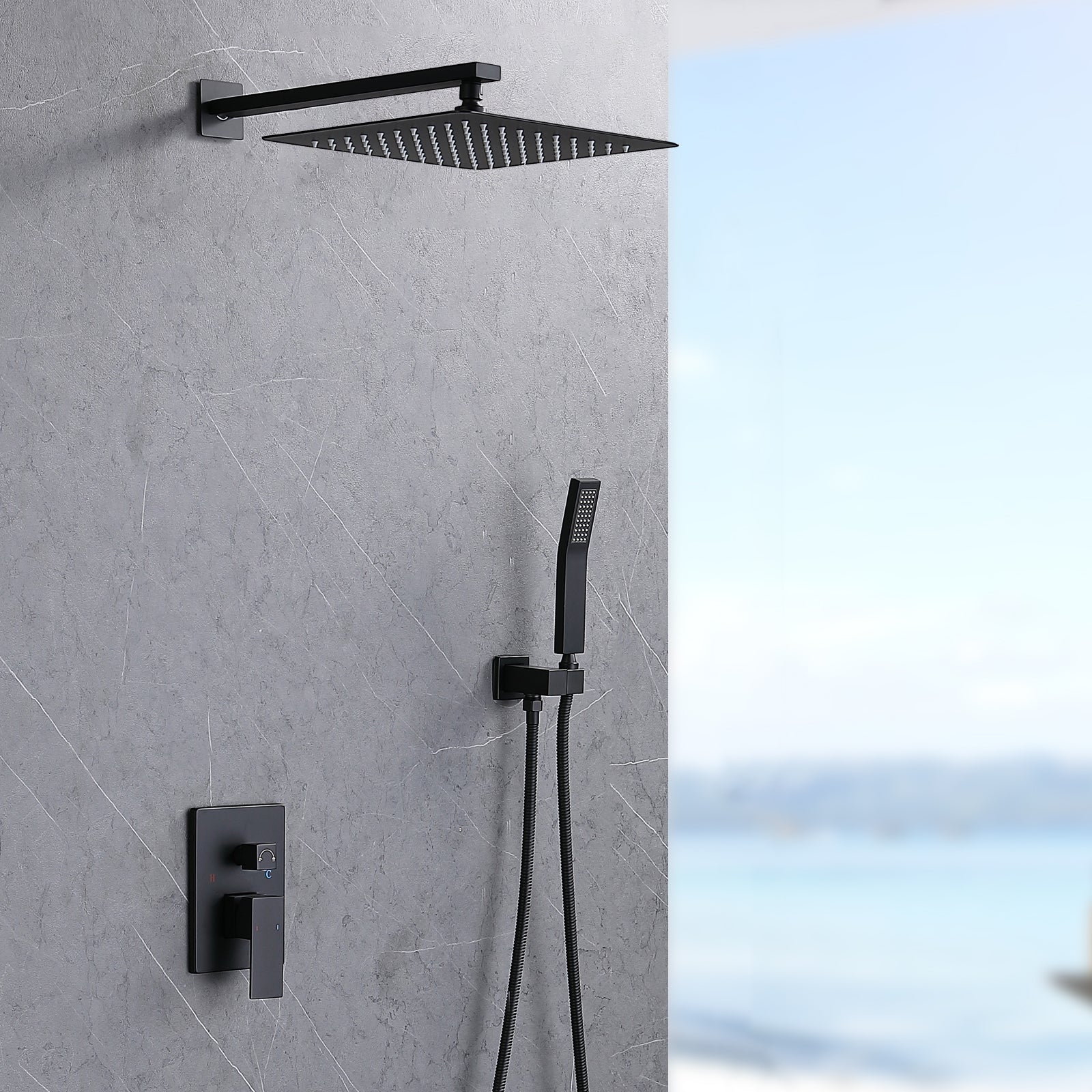Shower System Shower Faucet Combo Set Wall Mounted with 12" Rainfall Shower Head and handheld shower faucet, Matte Black Finish with Brass Valve Rough-In[Unable ship on weekends,+usps/fedex]