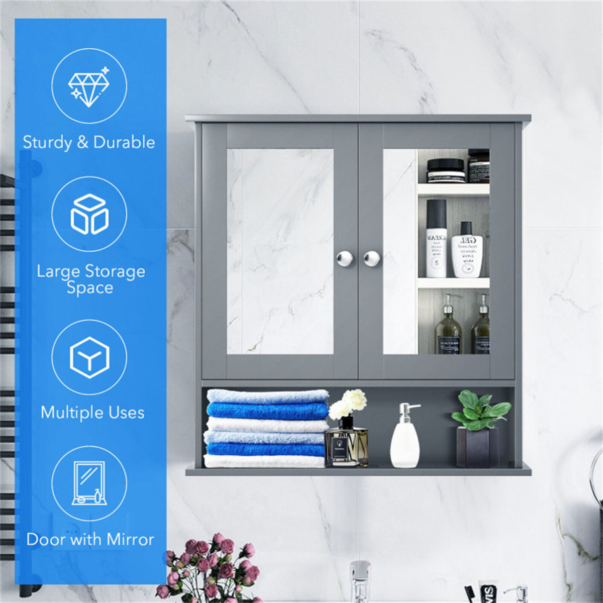 Gray bathroom cabinet with mirror