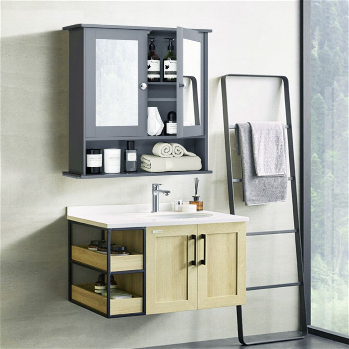 Gray bathroom cabinet with mirror