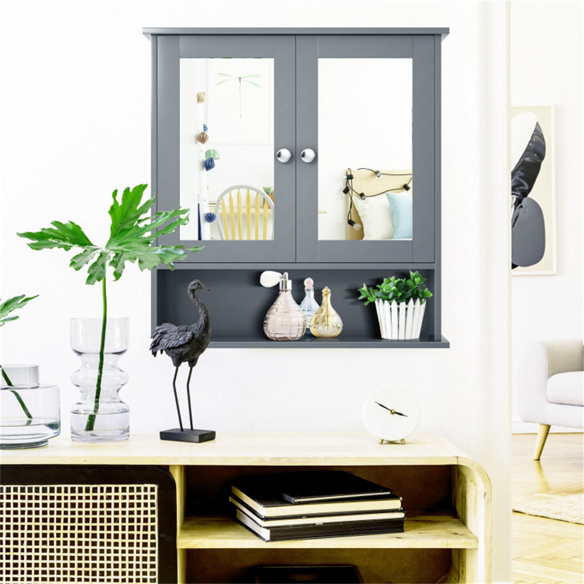 Gray bathroom cabinet with mirror