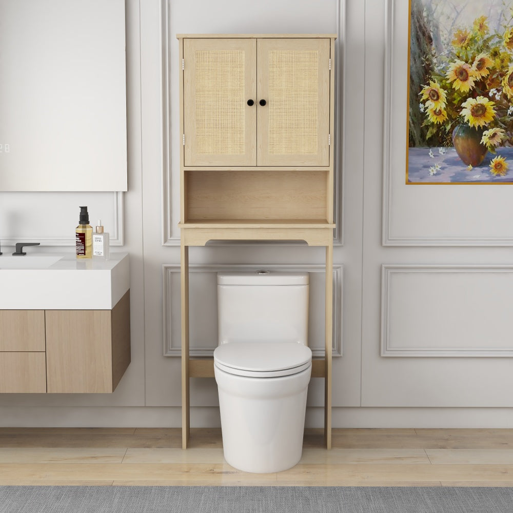 Over The Toilet Storage Cabinet, Bathroom Shelves Over Toilet with 2 Rattan Doors&Adjustable Shelves&Open Storage Shelf-Natural Wood