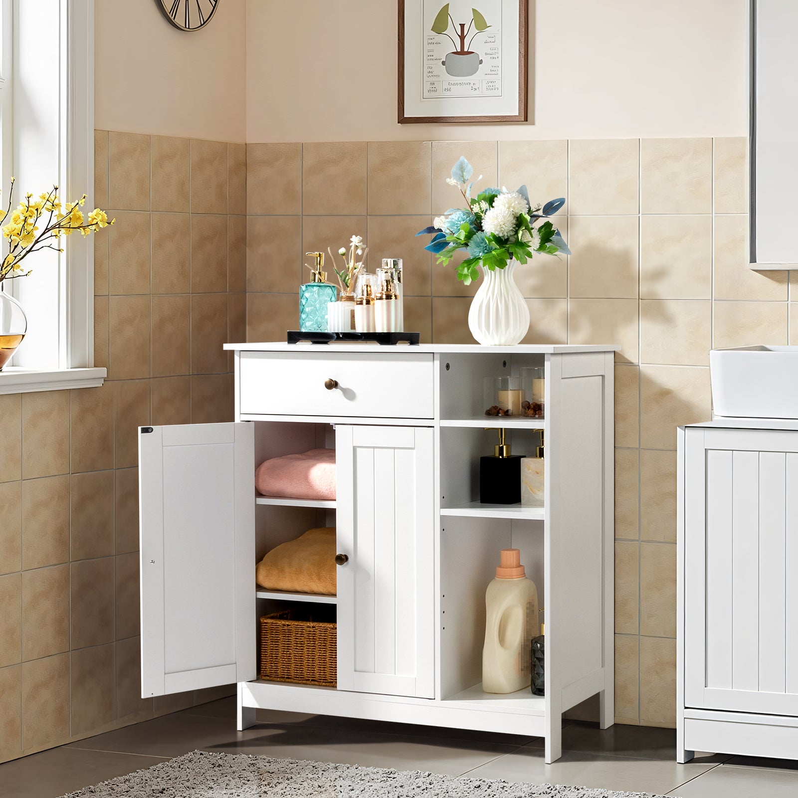 Double-Door Bathroom Cabinet with 2, Adjustable Panels, 1 Drawer and 3 Side Shelves, White