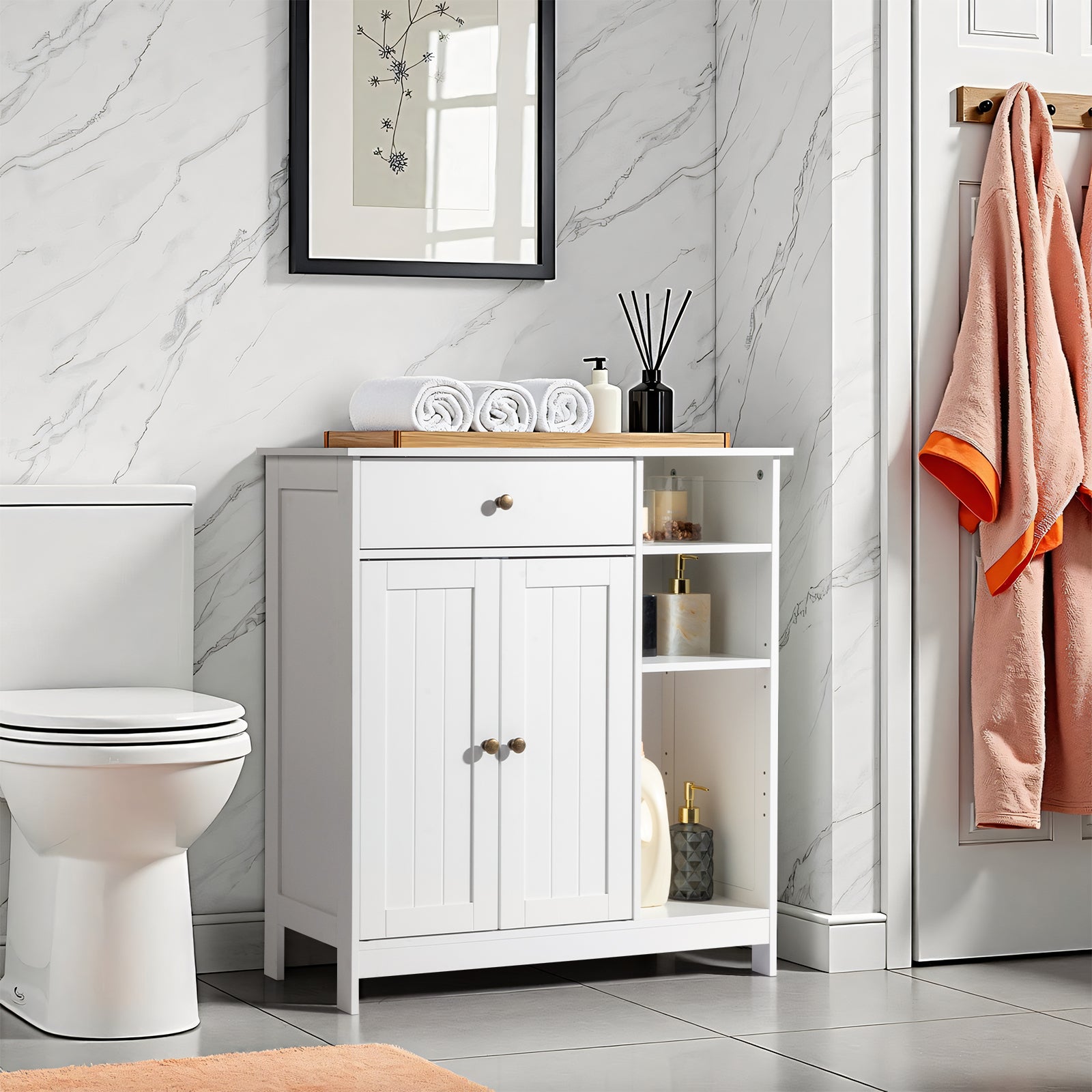 Double-Door Bathroom Cabinet with 2, Adjustable Panels, 1 Drawer and 3 Side Shelves, White