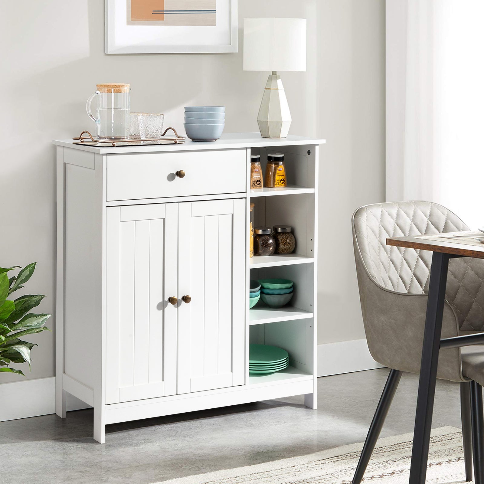 Double-Door Bathroom Cabinet with 2, Adjustable Panels, 1 Drawer and 3 Side Shelves, White