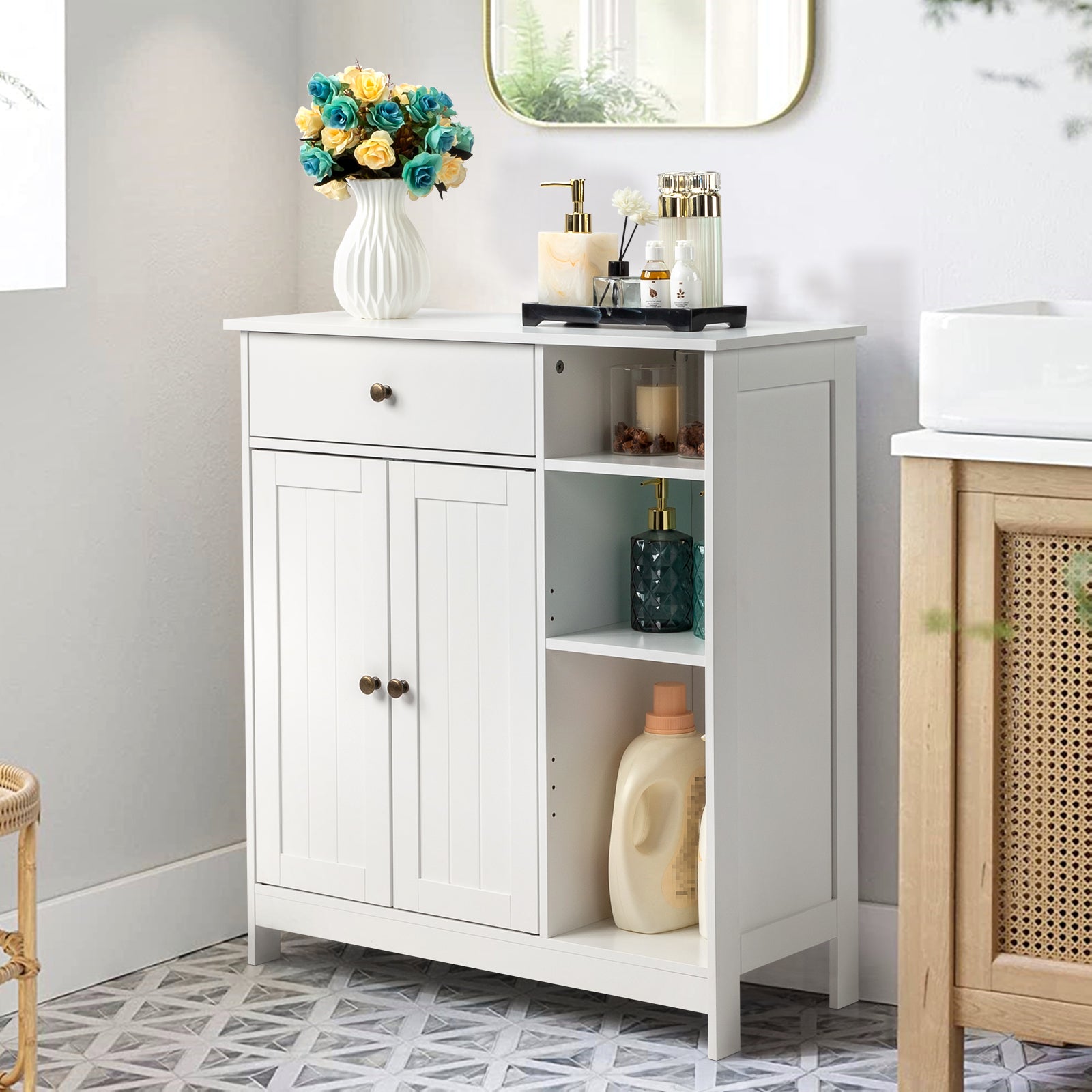 Double-Door Bathroom Cabinet with 2, Adjustable Panels, 1 Drawer and 3 Side Shelves, White