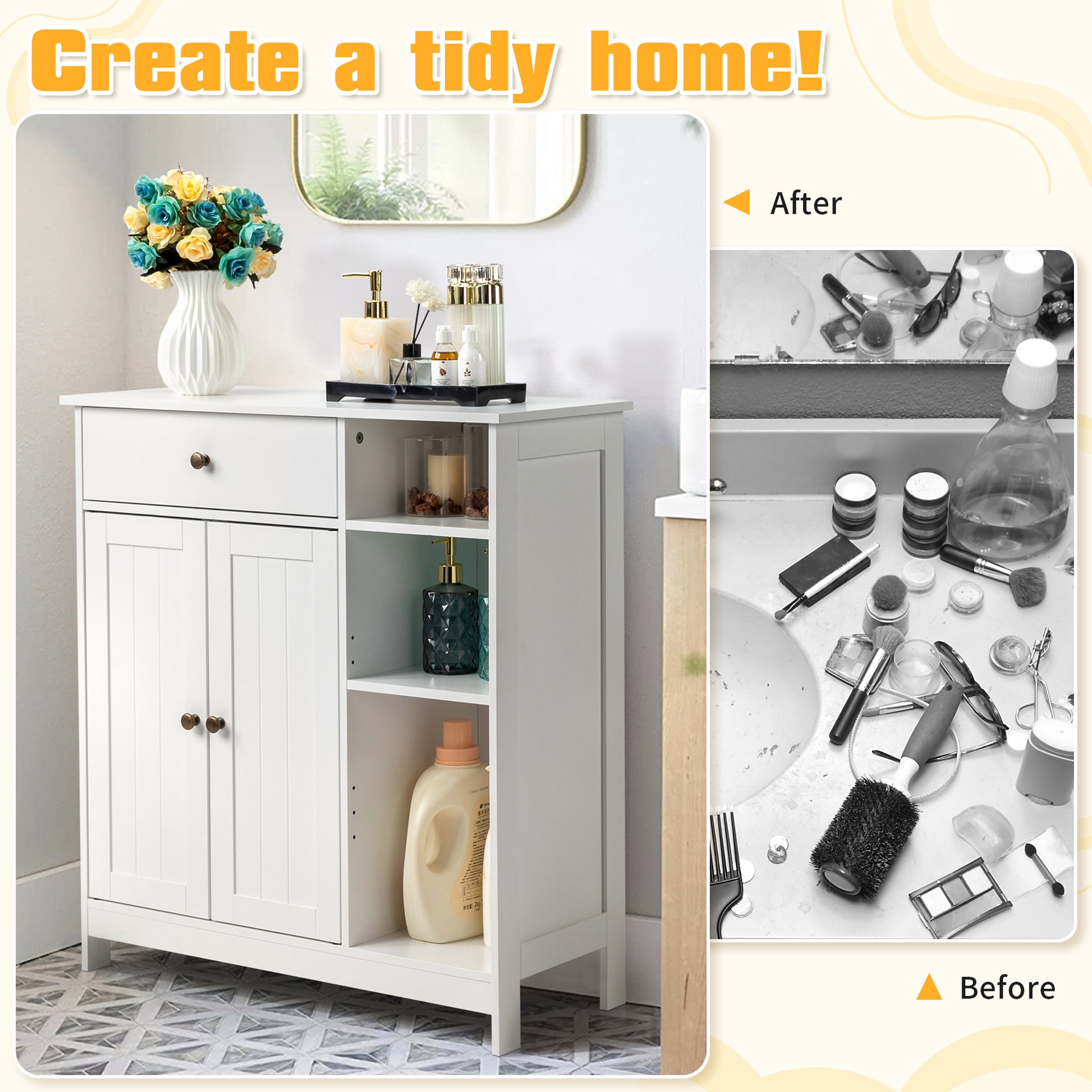Double-Door Bathroom Cabinet with 2, Adjustable Panels, 1 Drawer and 3 Side Shelves, White