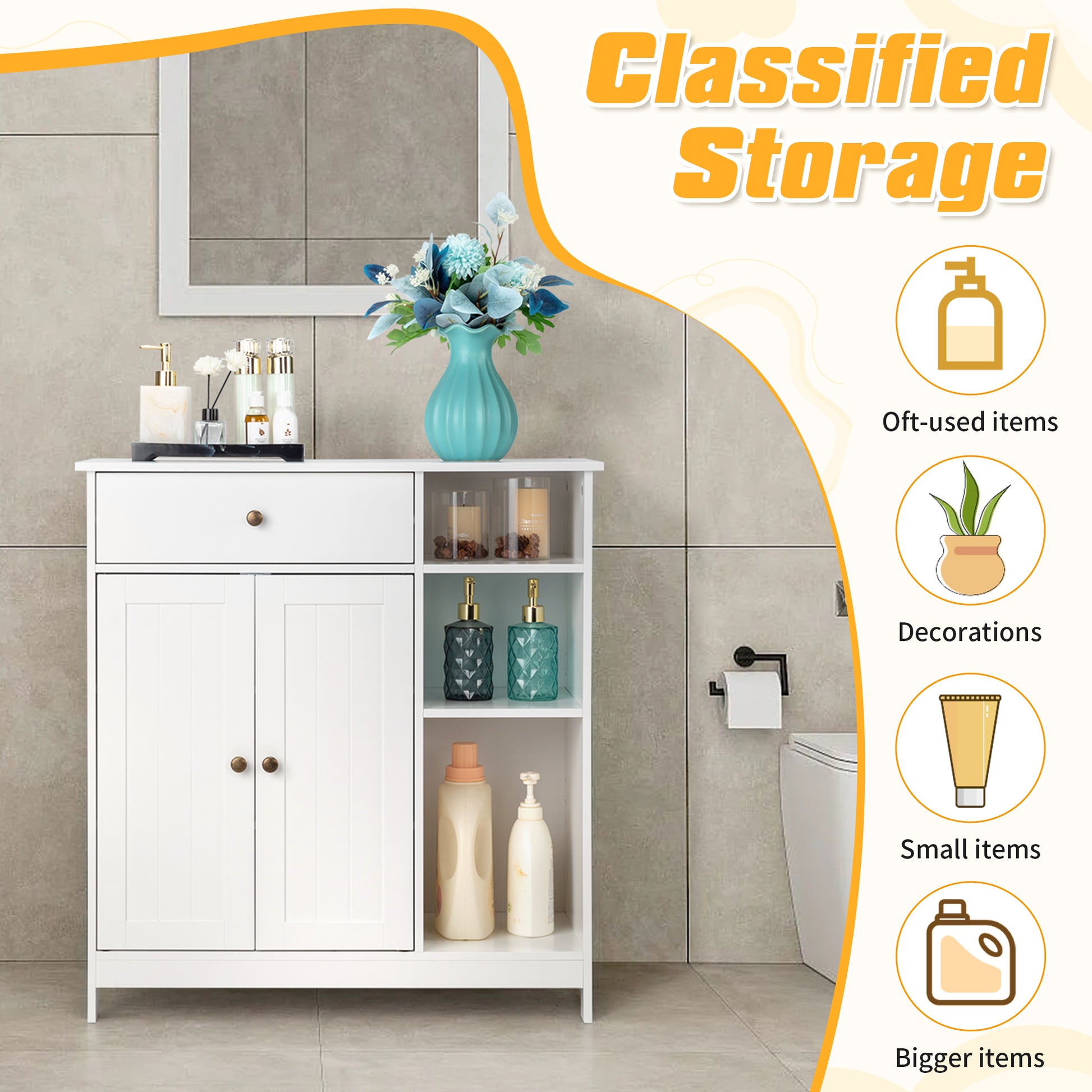 Double-Door Bathroom Cabinet with 2, Adjustable Panels, 1 Drawer and 3 Side Shelves, White