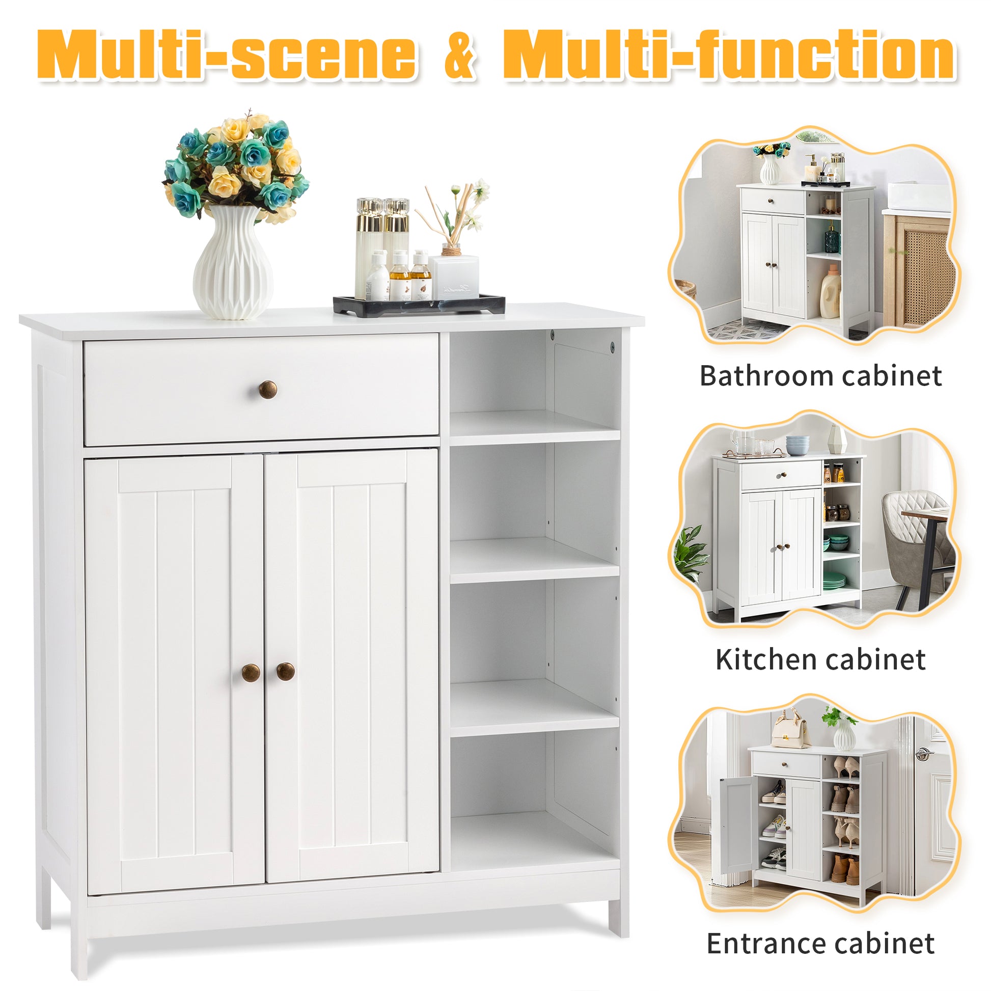 Double-Door Bathroom Cabinet with 2, Adjustable Panels, 1 Drawer and 3 Side Shelves, White