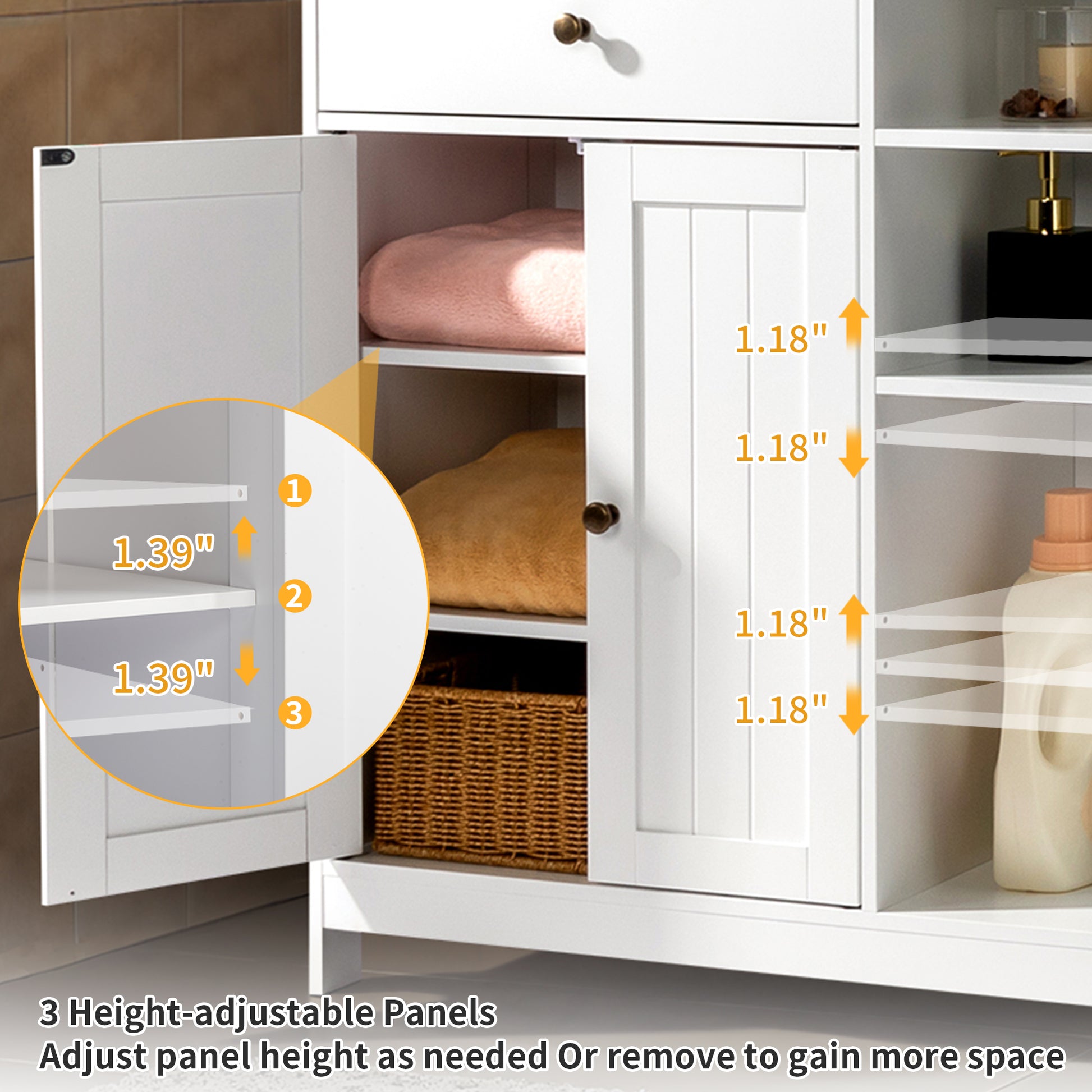 Double-Door Bathroom Cabinet with 2, Adjustable Panels, 1 Drawer and 3 Side Shelves, White