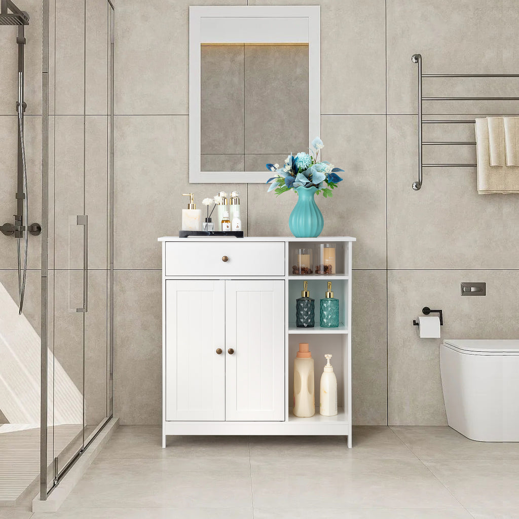 Double-Door Bathroom Cabinet with 2, Adjustable Panels, 1 Drawer and 3 Side Shelves, White