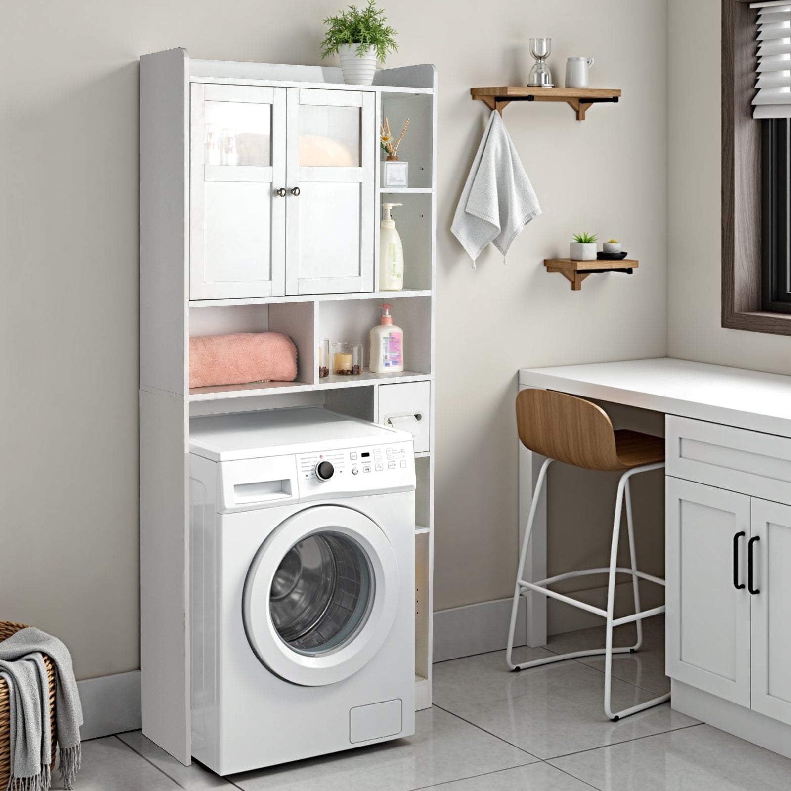 Double-Door Bathroom Cabinet with 2, Adjustable Panels, 1 Drawer and 3 Side Shelves, White