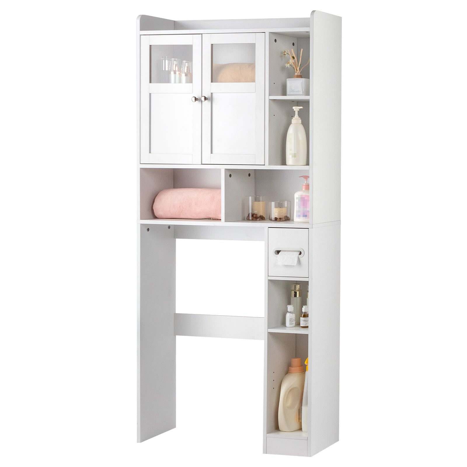 Double-Door Bathroom Cabinet with 2, Adjustable Panels, 1 Drawer and 3 Side Shelves, White