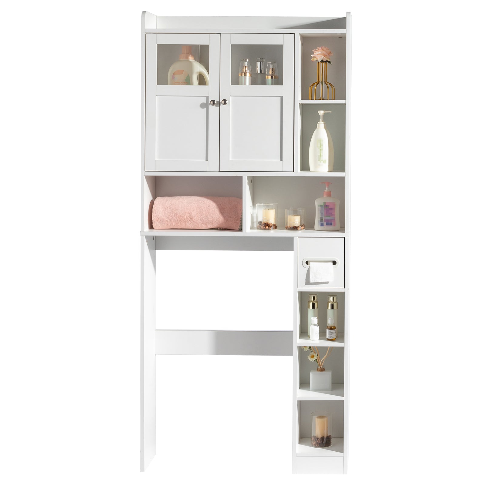 Double-Door Bathroom Cabinet with 2, Adjustable Panels, 1 Drawer and 3 Side Shelves, White