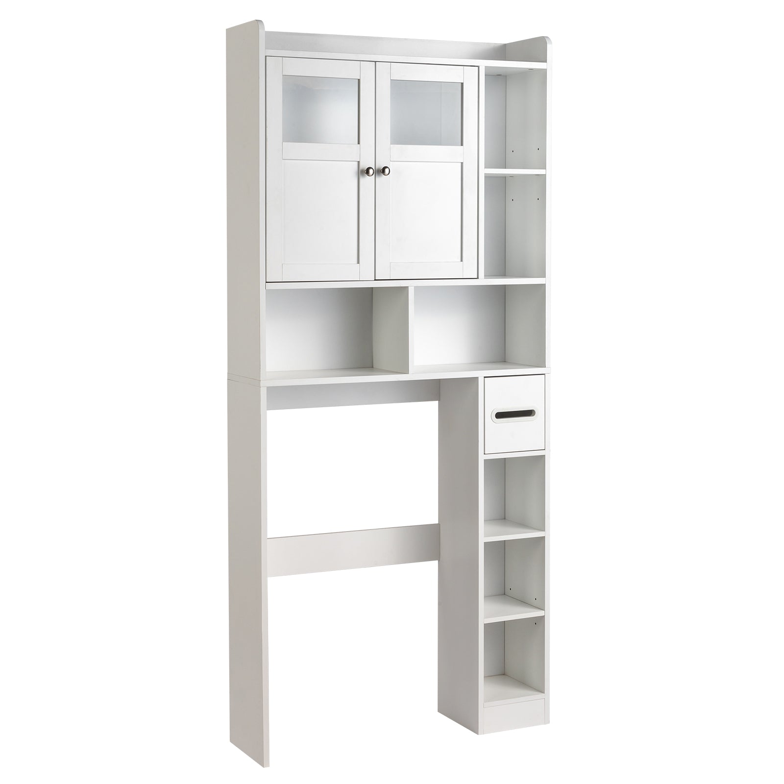 Double-Door Bathroom Cabinet with 2, Adjustable Panels, 1 Drawer and 3 Side Shelves, White