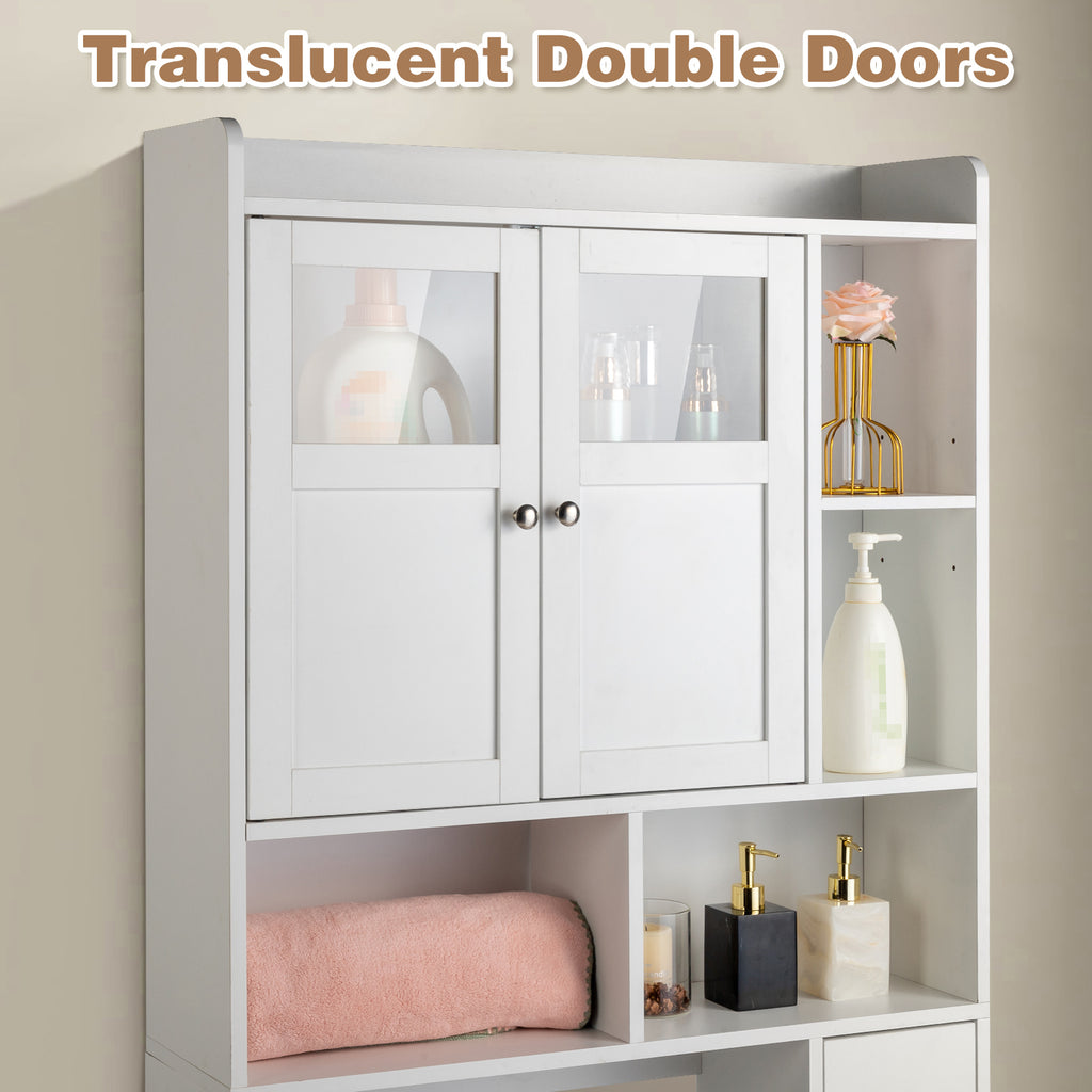 Double-Door Bathroom Cabinet with 2, Adjustable Panels, 1 Drawer and 3 Side Shelves, White