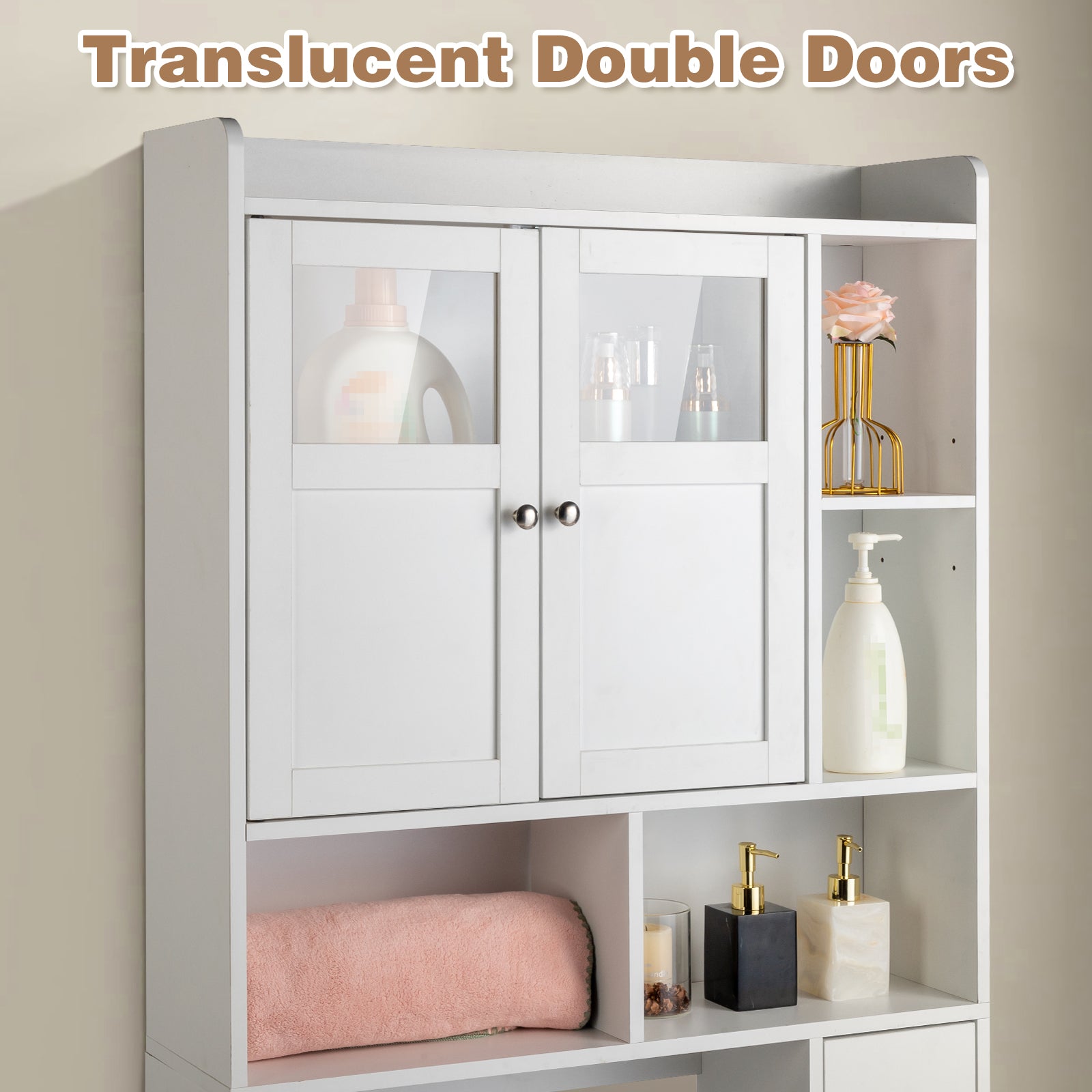 Double-Door Bathroom Cabinet with 2, Adjustable Panels, 1 Drawer and 3 Side Shelves, White