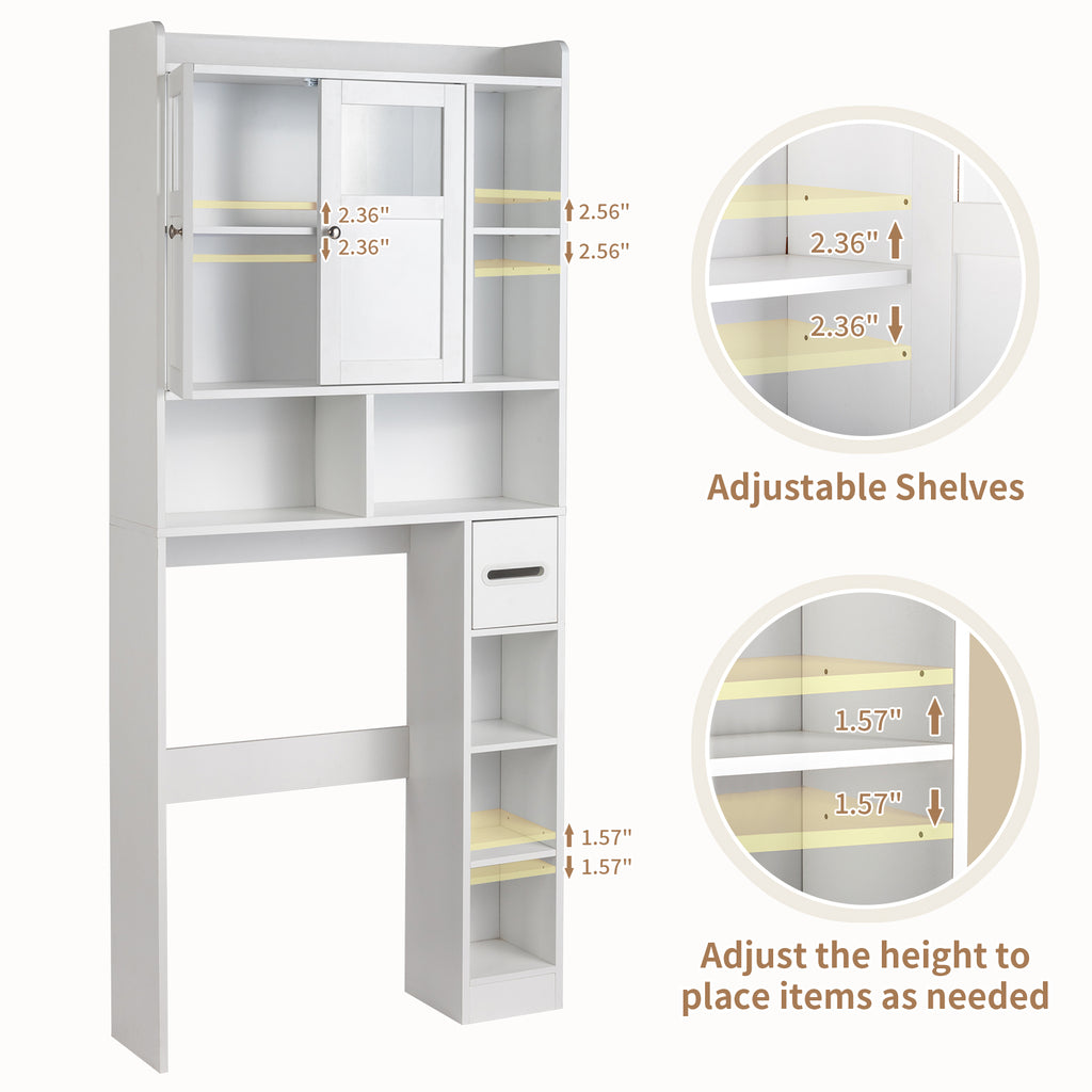 Double-Door Bathroom Cabinet with 2, Adjustable Panels, 1 Drawer and 3 Side Shelves, White