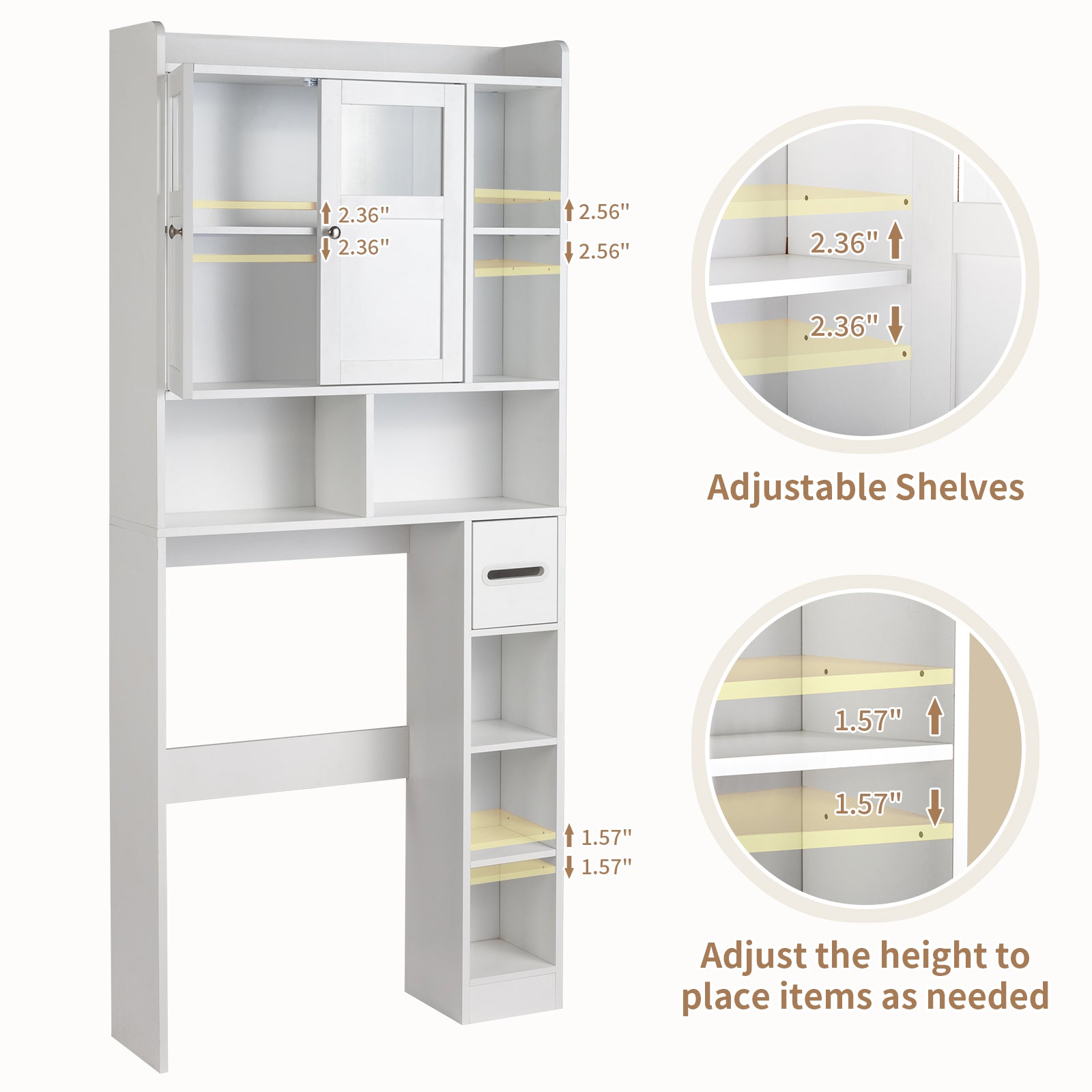 Double-Door Bathroom Cabinet with 2, Adjustable Panels, 1 Drawer and 3 Side Shelves, White