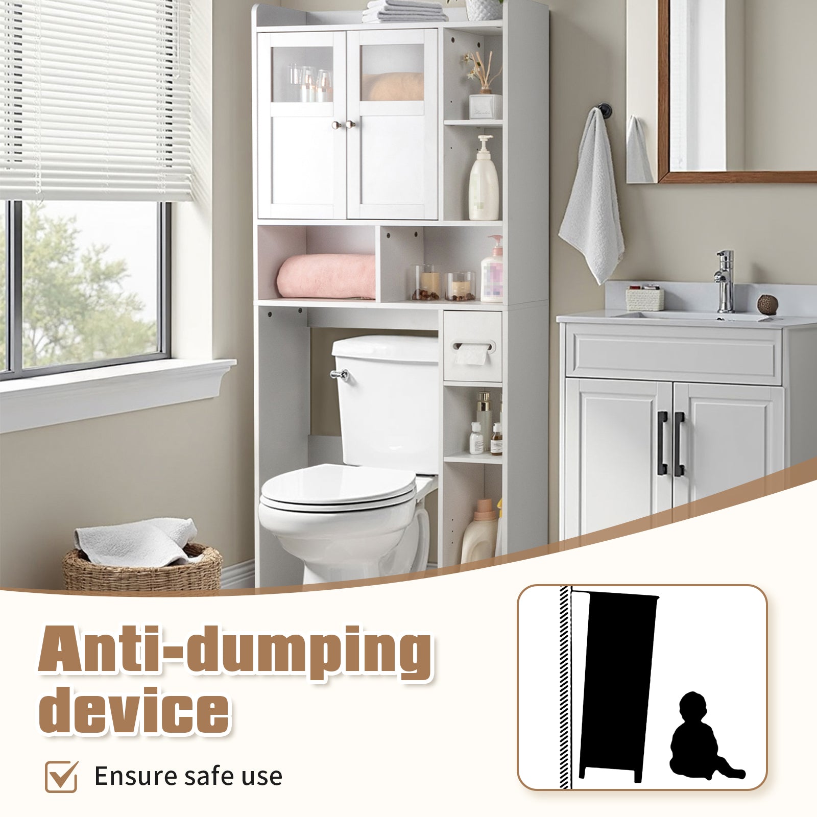 Double-Door Bathroom Cabinet with 2, Adjustable Panels, 1 Drawer and 3 Side Shelves, White