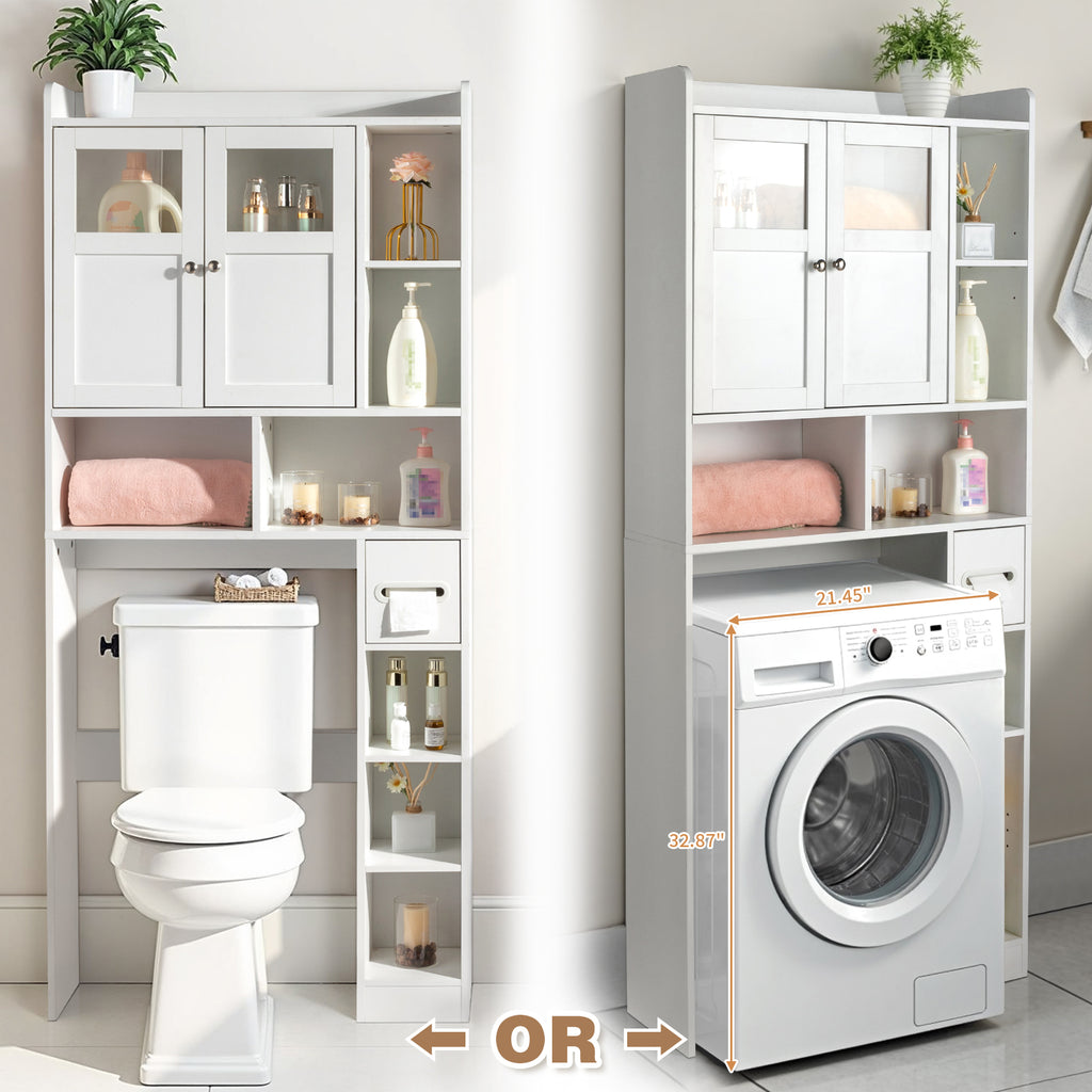 Double-Door Bathroom Cabinet with 2, Adjustable Panels, 1 Drawer and 3 Side Shelves, White