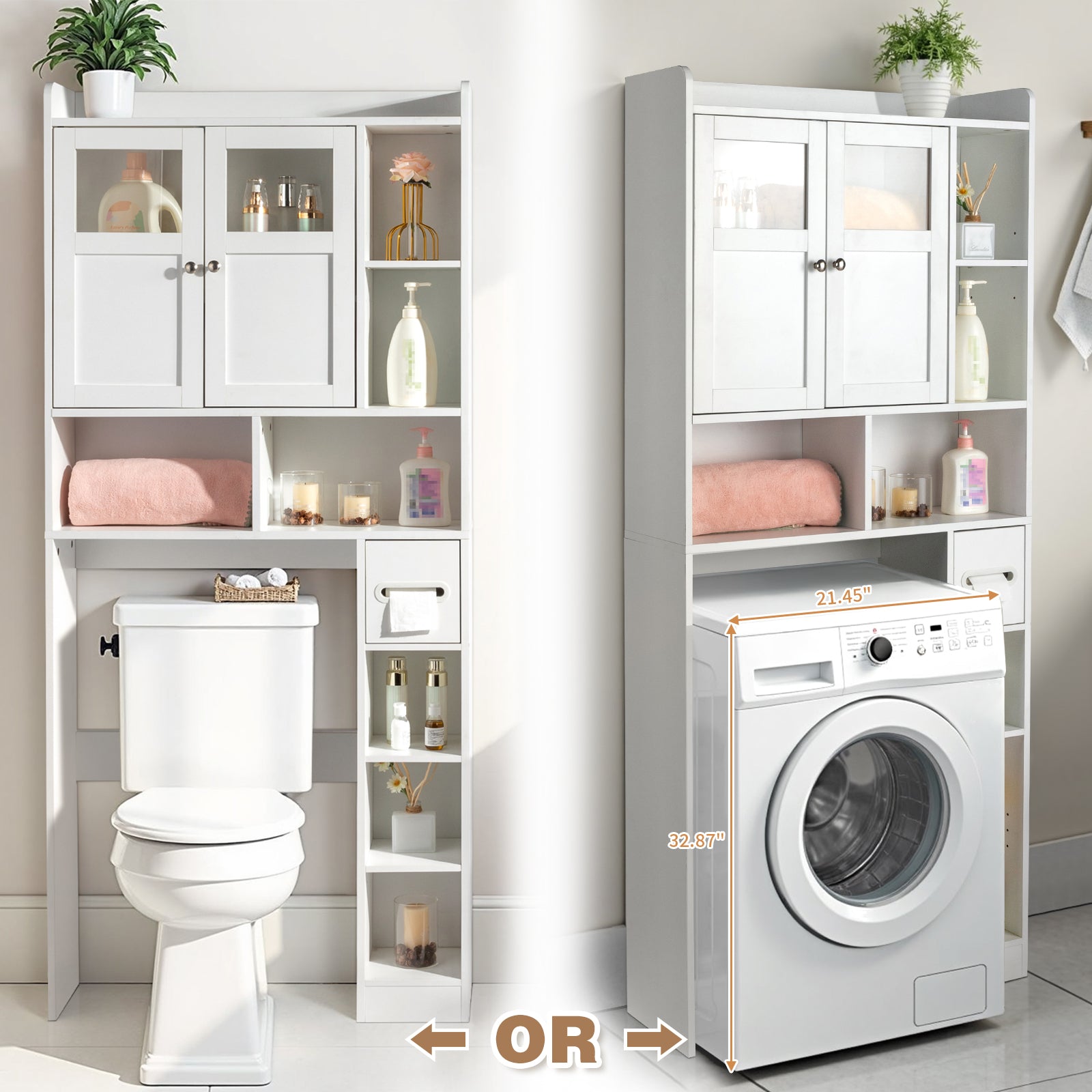 Double-Door Bathroom Cabinet with 2, Adjustable Panels, 1 Drawer and 3 Side Shelves, White