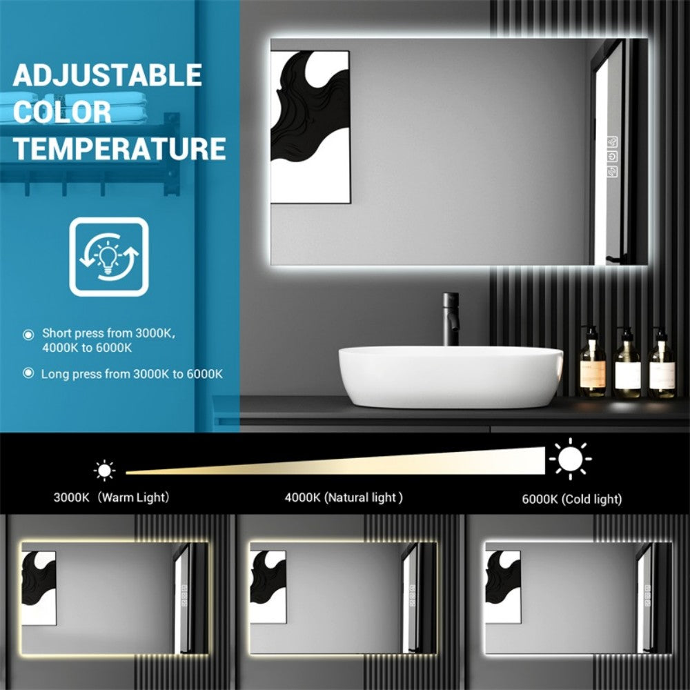 32" x 24" LED Bathroom Mirror Bright Backlight, 5 Mins Defog, Full HD Reflected Wall Mounted ,3 Colors Stepless Dimmable ,Memory Function, Anti-Fog