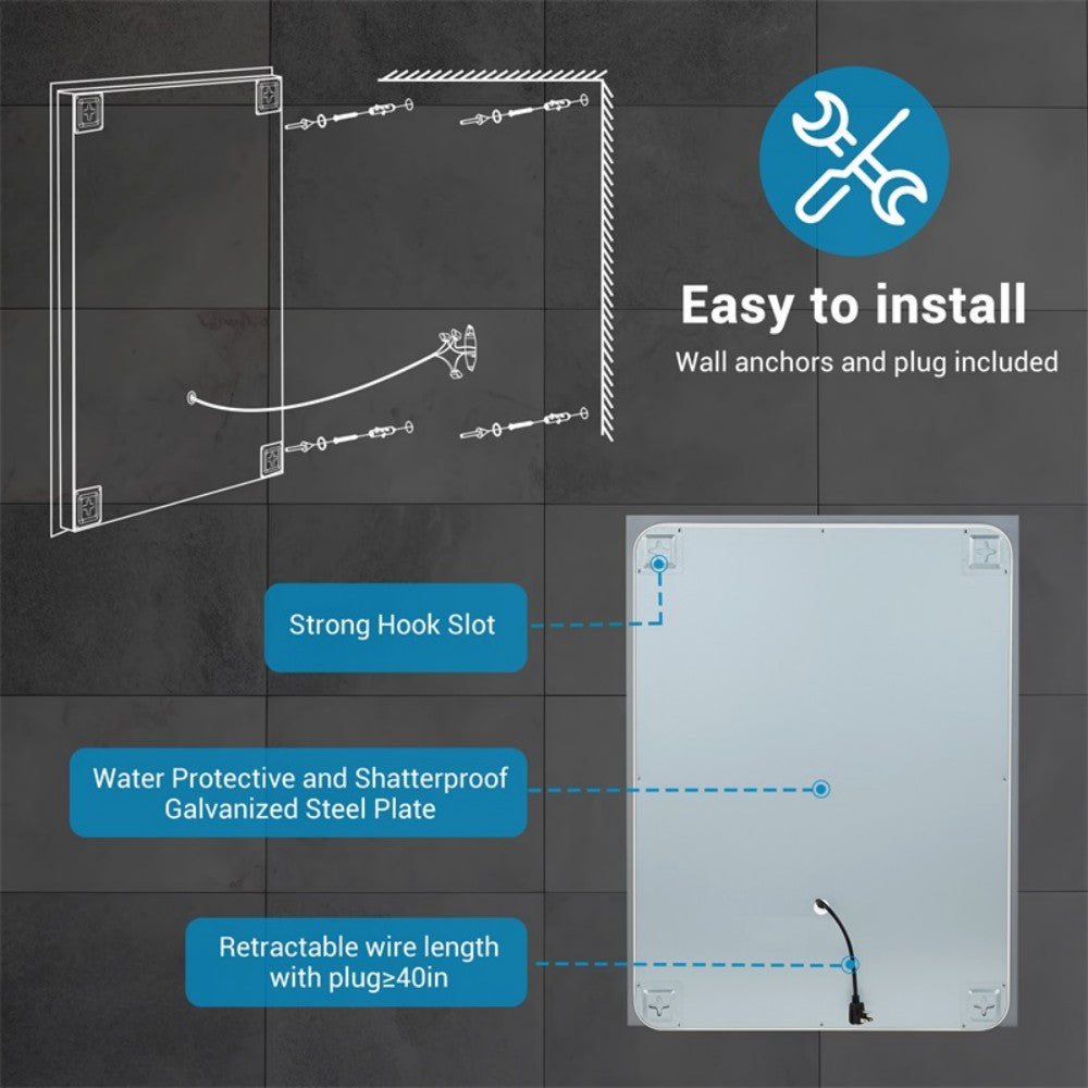 32" x 24" LED Bathroom Mirror Bright Backlight, 5 Mins Defog, Full HD Reflected Wall Mounted ,3 Colors Stepless Dimmable ,Memory Function, Anti-Fog