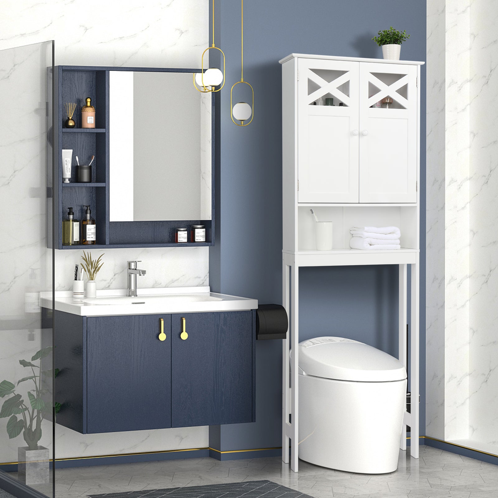 Double Door Fork Toilet Cabinet White