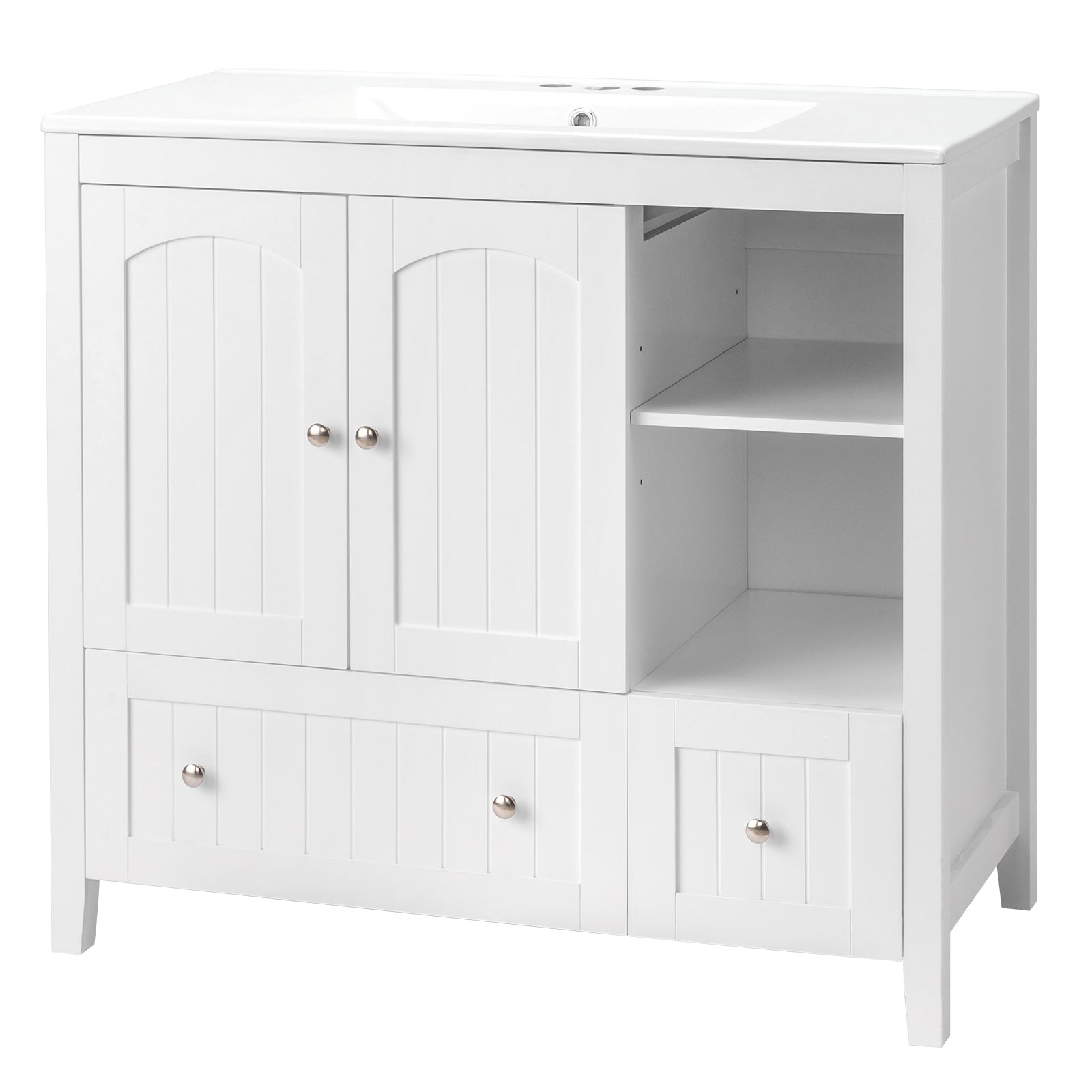 Without Basin White MDF spray paint double door double drawer with decorative strips bathroom cabinet 91*46*82cm