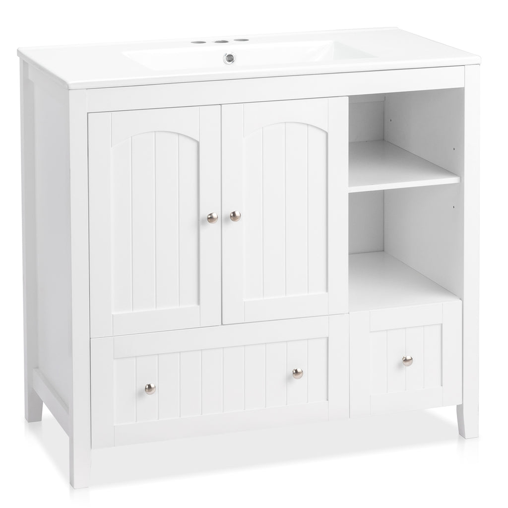 Without Basin White MDF spray paint double door double drawer with decorative strips bathroom cabinet 91*46*82cm