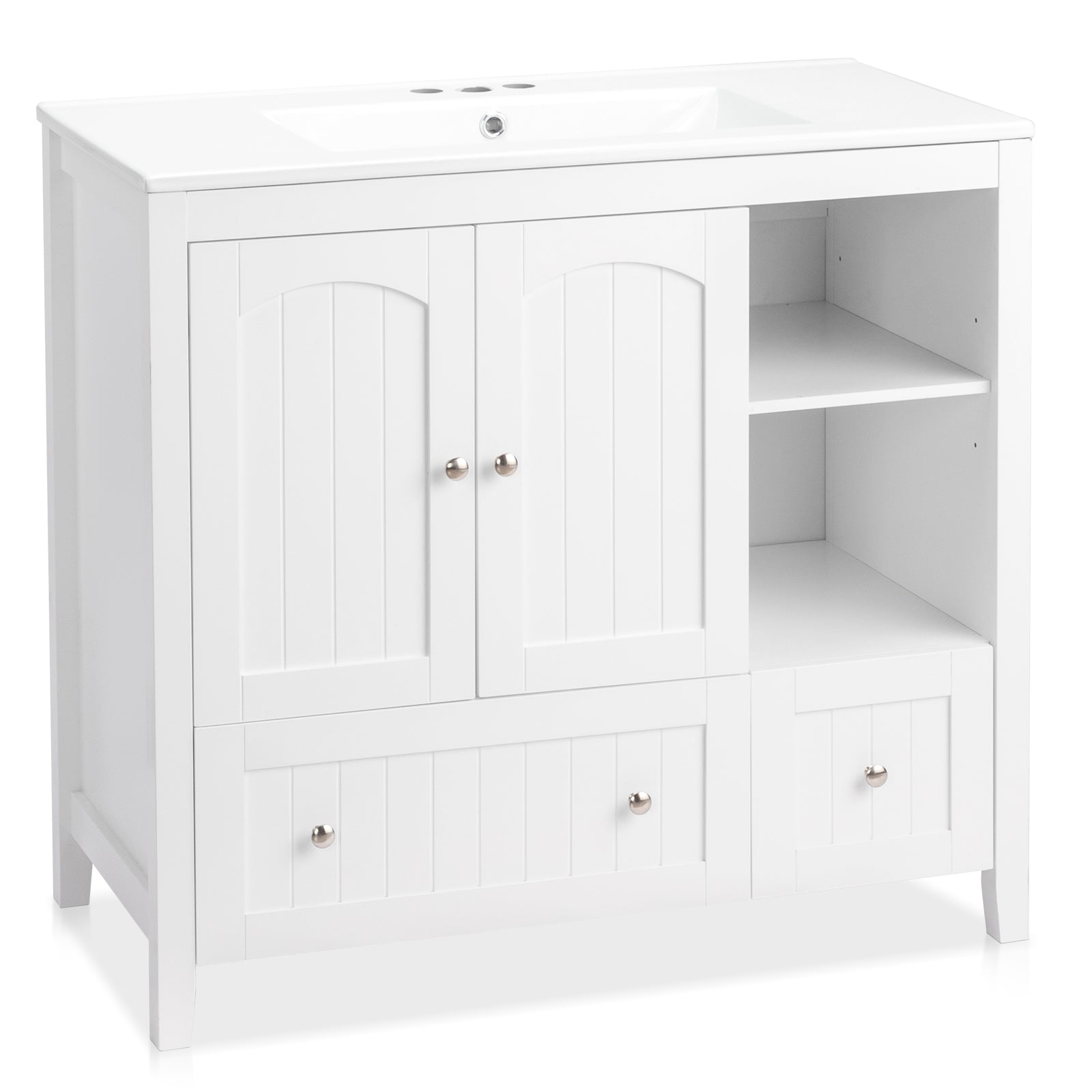 Without Basin White MDF spray paint double door double drawer with decorative strips bathroom cabinet 91*46*82cm