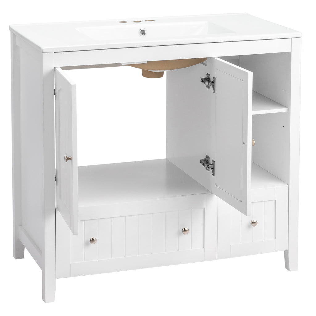 Without Basin White MDF spray paint double door double drawer with decorative strips bathroom cabinet 91*46*82cm