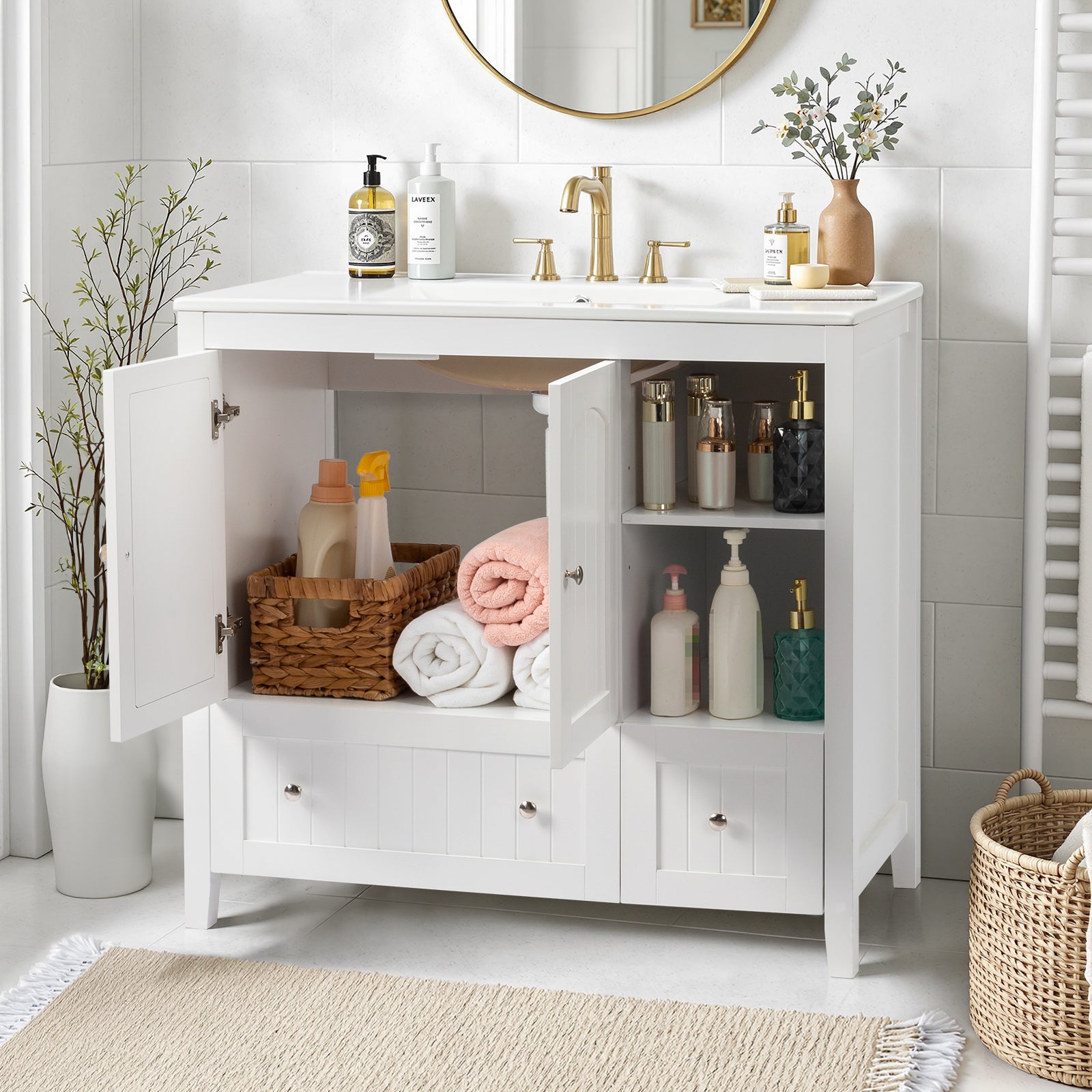 Without Basin White MDF spray paint double door double drawer with decorative strips bathroom cabinet 91*46*82cm